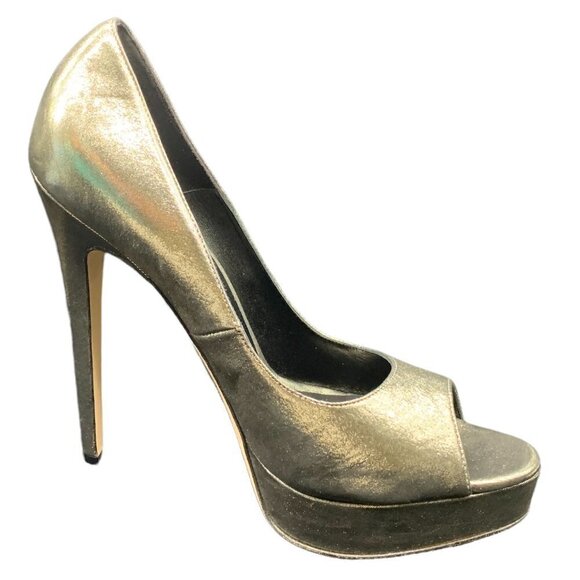 BRIAN Atwood Madison Avenue Gold Platform Peep Toe Heels Size 10.5 - Picture 5 of 10